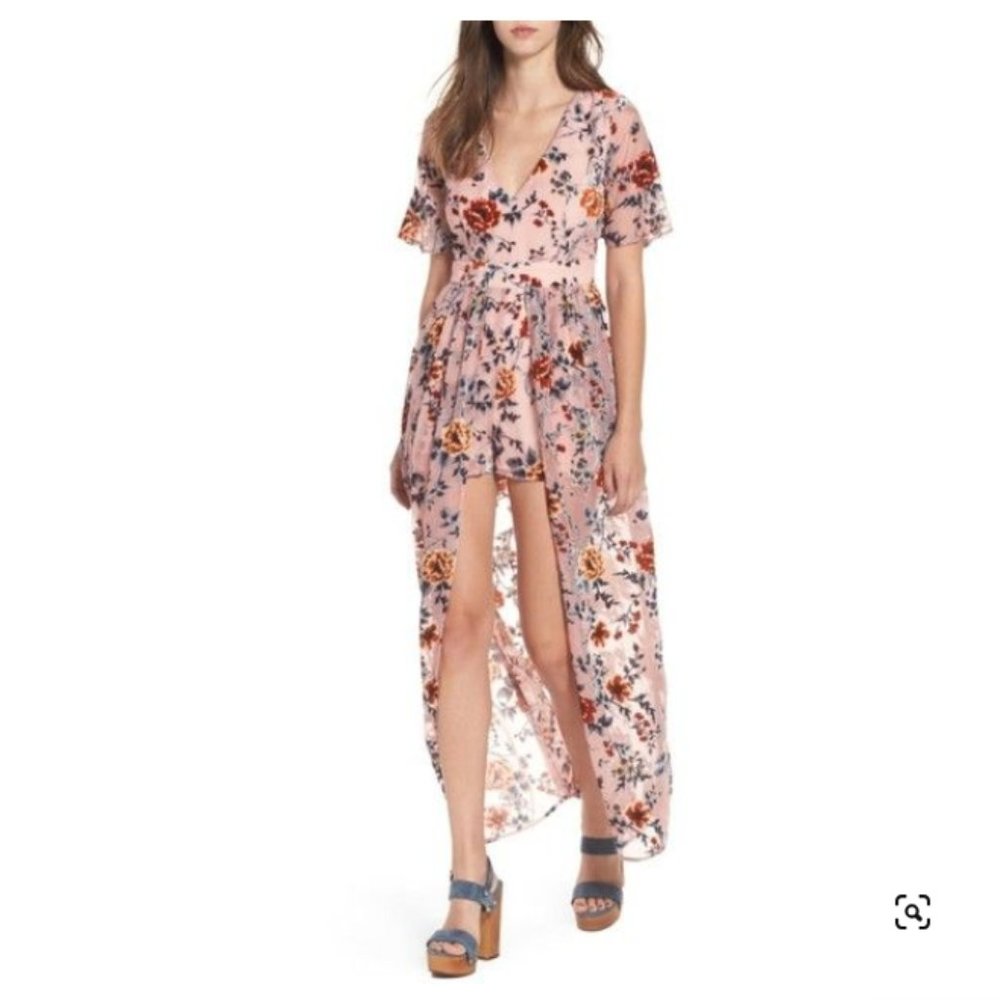 Socialite Floral Velvet Burnout Maxi Romper Dress Pink Flutter Sleeve Overlay Sm